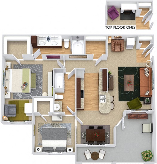 Floor plan for 2 beds, 2 baths, 1099 sqft